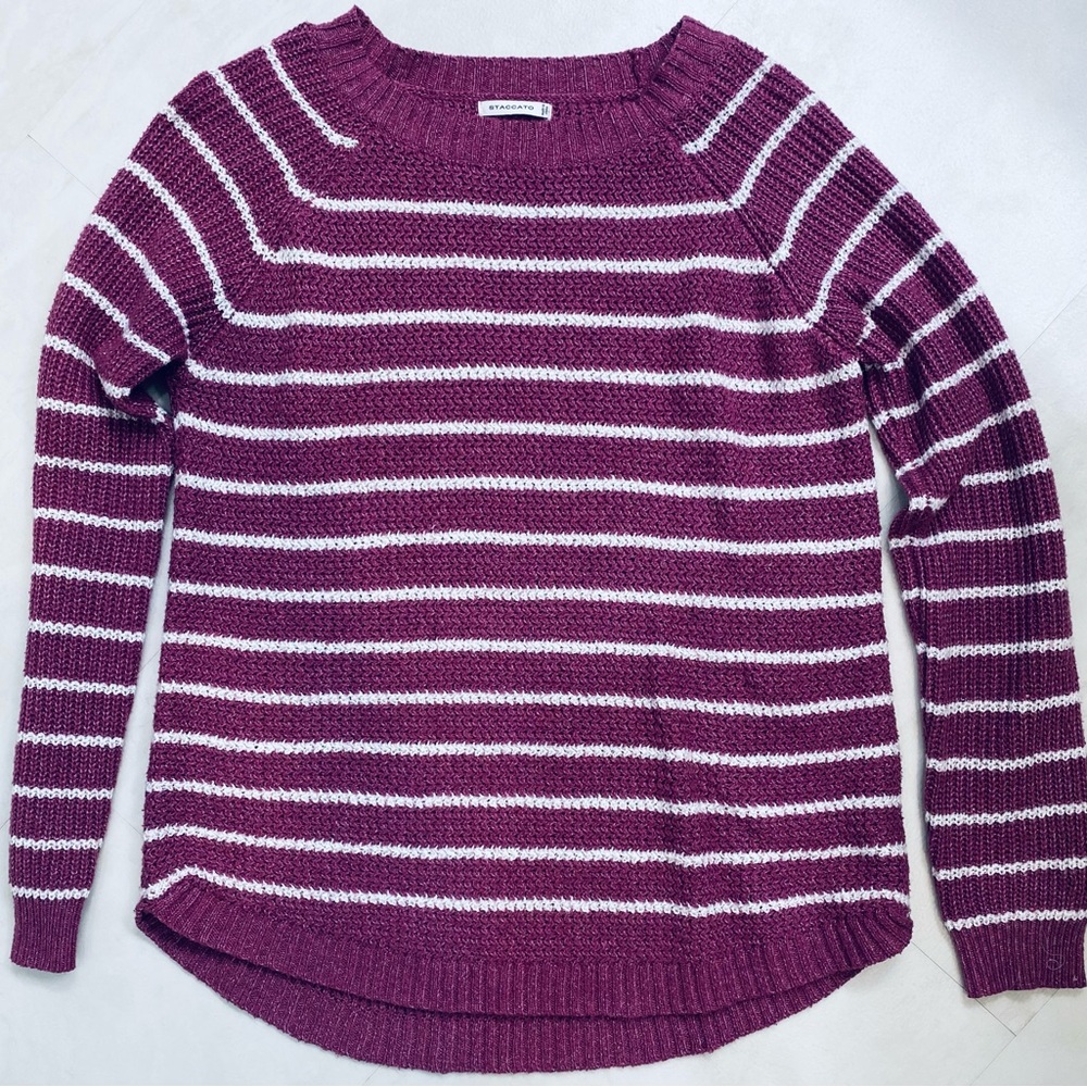 Staccato, purple, white striped sweater. Like New.